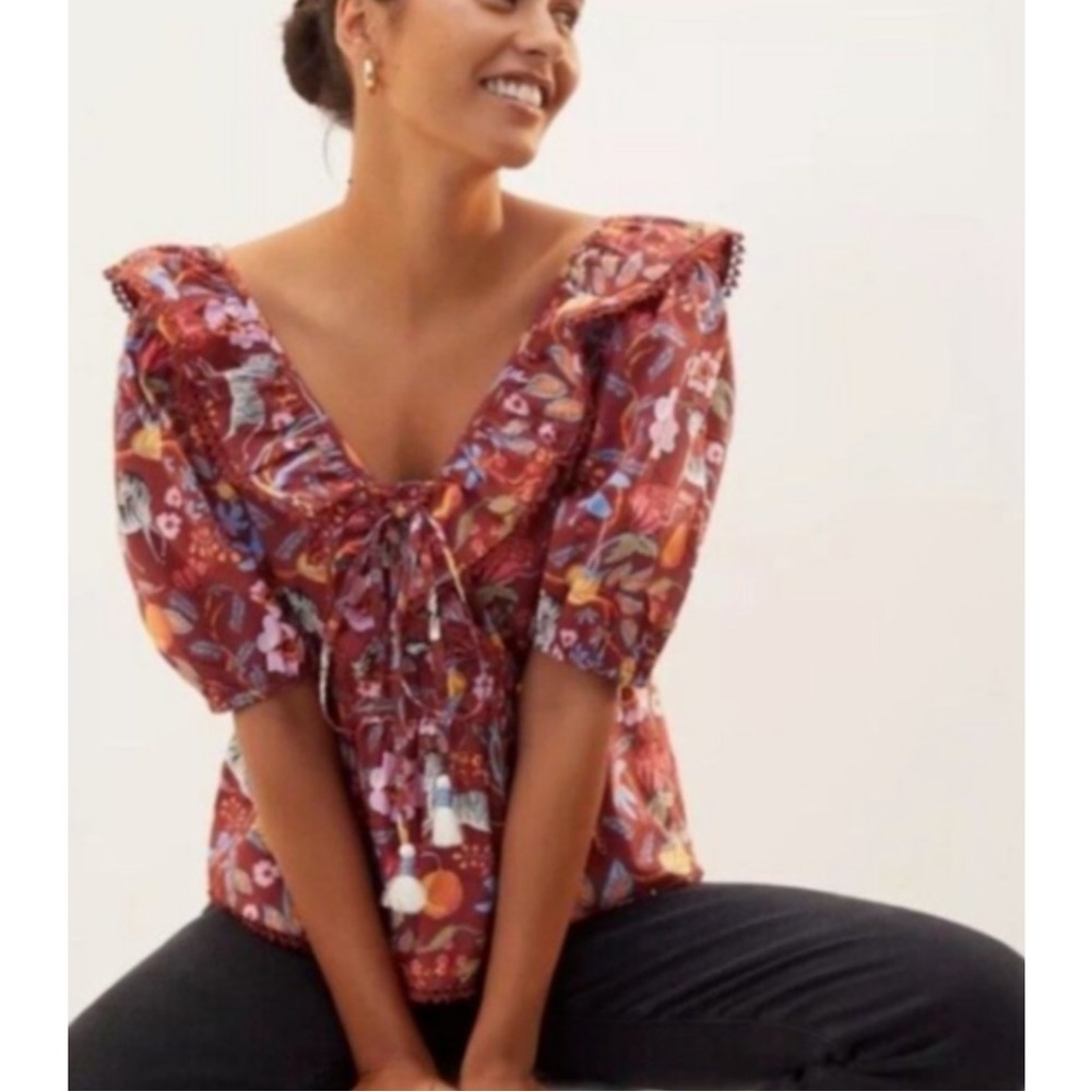 Anthropologie Maeve Ruffled Tie Front Puff Sleeve Top